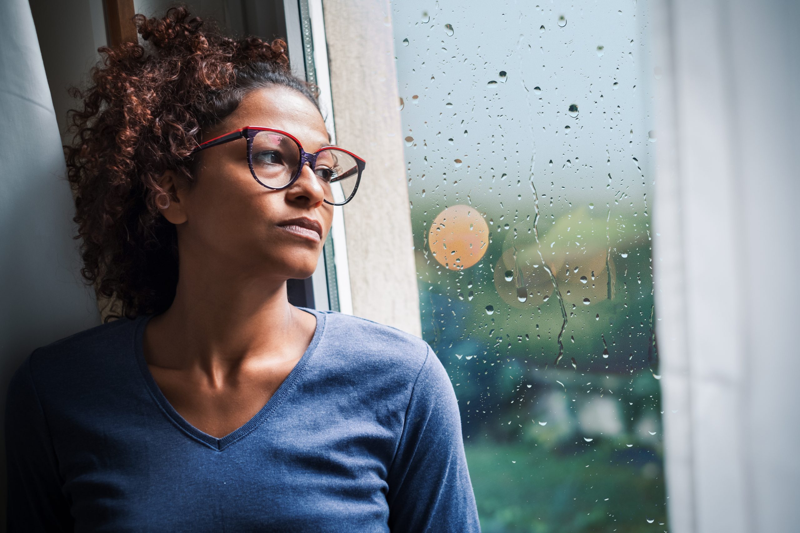 Lonely Black Woman Near Window Thinking About Something Chr 